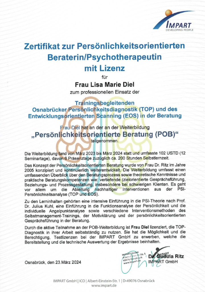 Zertifikat persönlichkeitsorientierte Beraterin Lisa-Marie Diel, Impart, Uni Osnabrück
